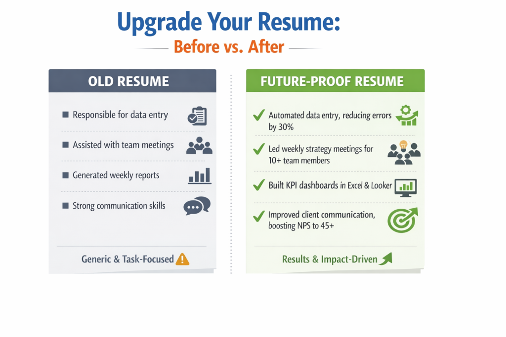 Split comparison card
Left: “Old Resume” (tasks, responsibilities, vague bullets)
Right: “Future-Proof Resume” (skills, tools, outcomes)